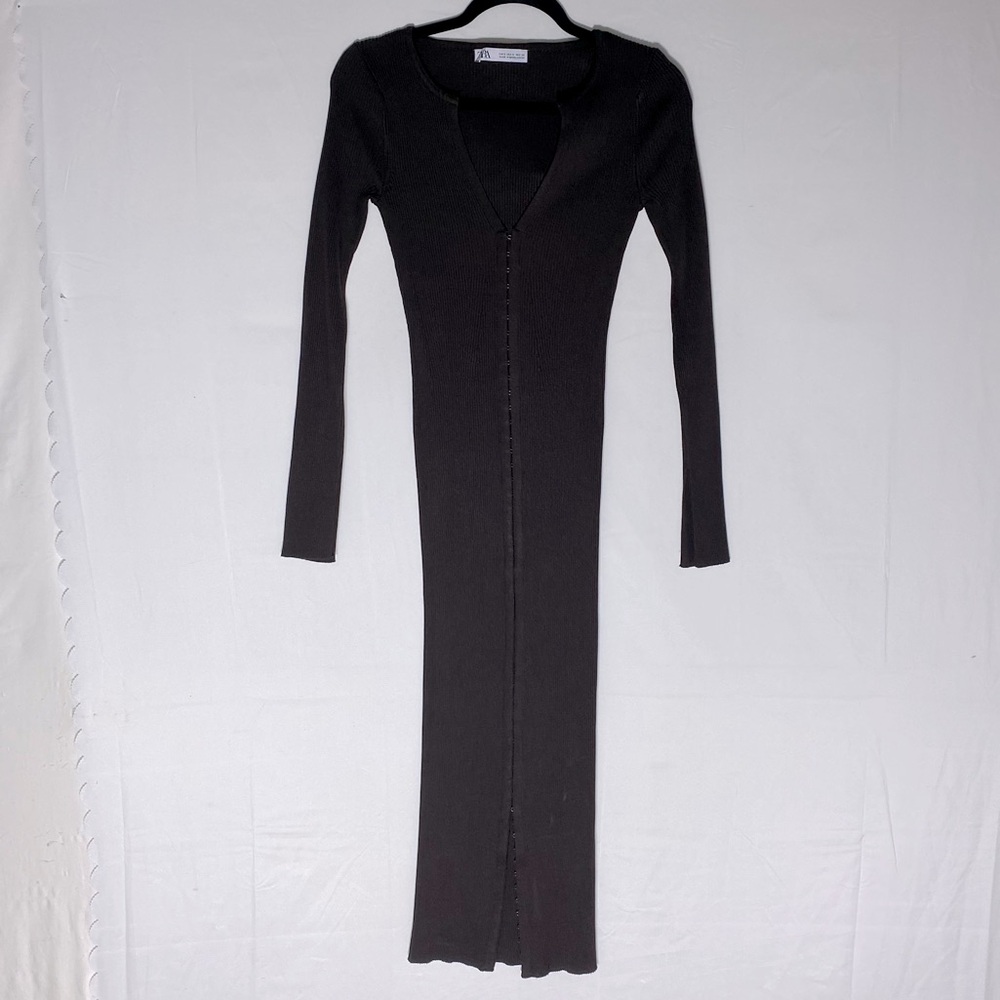 Zara Brown Ribbed Stretchy Long Sleeve V-Neck Hook & Eye Front Bodycon Dress S